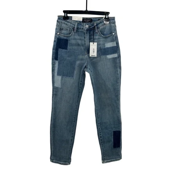 NWT Judy Blue High Waist Patchwork Boyfriend Jeans 7/28 Blue Stretch 88499 Boho - Picture 1 of 14